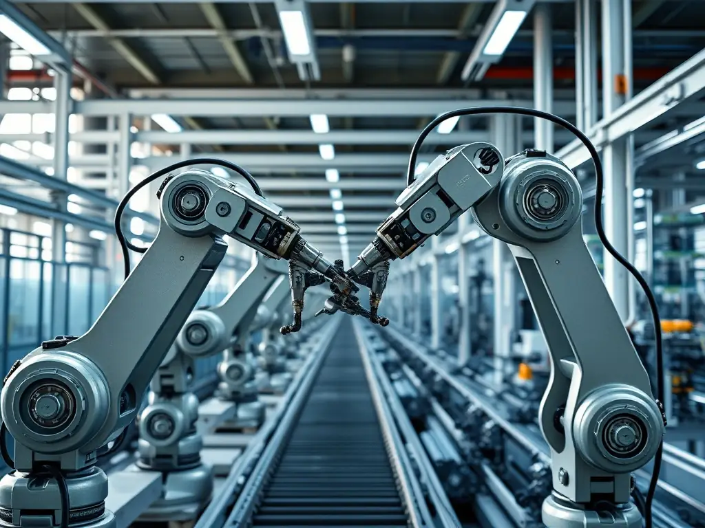An image depicting APX AI's AI-Powered Automation, showing robotic arms and automated systems working seamlessly in a manufacturing setting, emphasizing efficiency and precision.