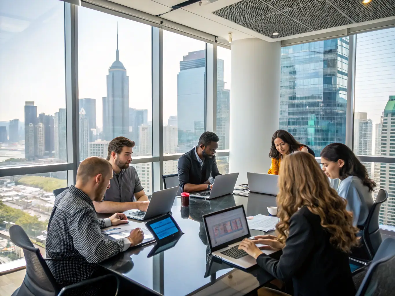 A diverse group of professionals working closely with a client, discussing AI solutions and tailoring them to the client's specific needs, emphasizing a customer-centric approach.