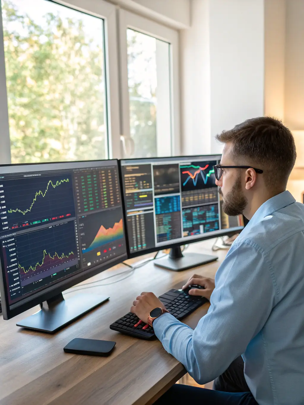 An image showing a data scientist analyzing complex data visualizations on multiple screens, representing advanced data analysis.