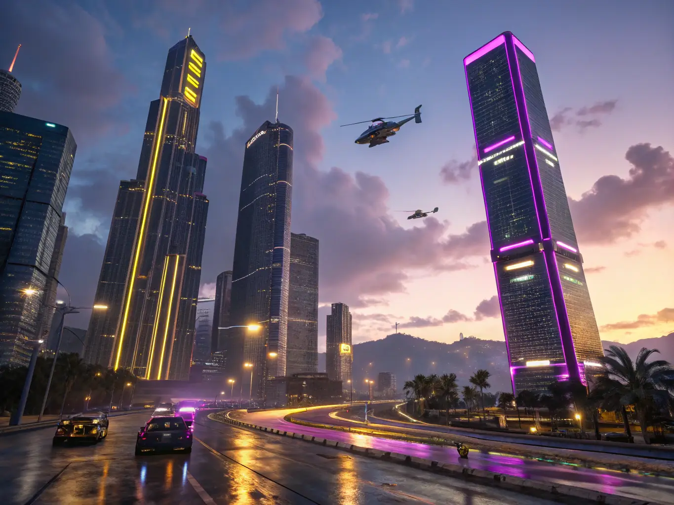 A futuristic cityscape with interconnected data streams flowing through buildings, representing innovation and technological advancement.