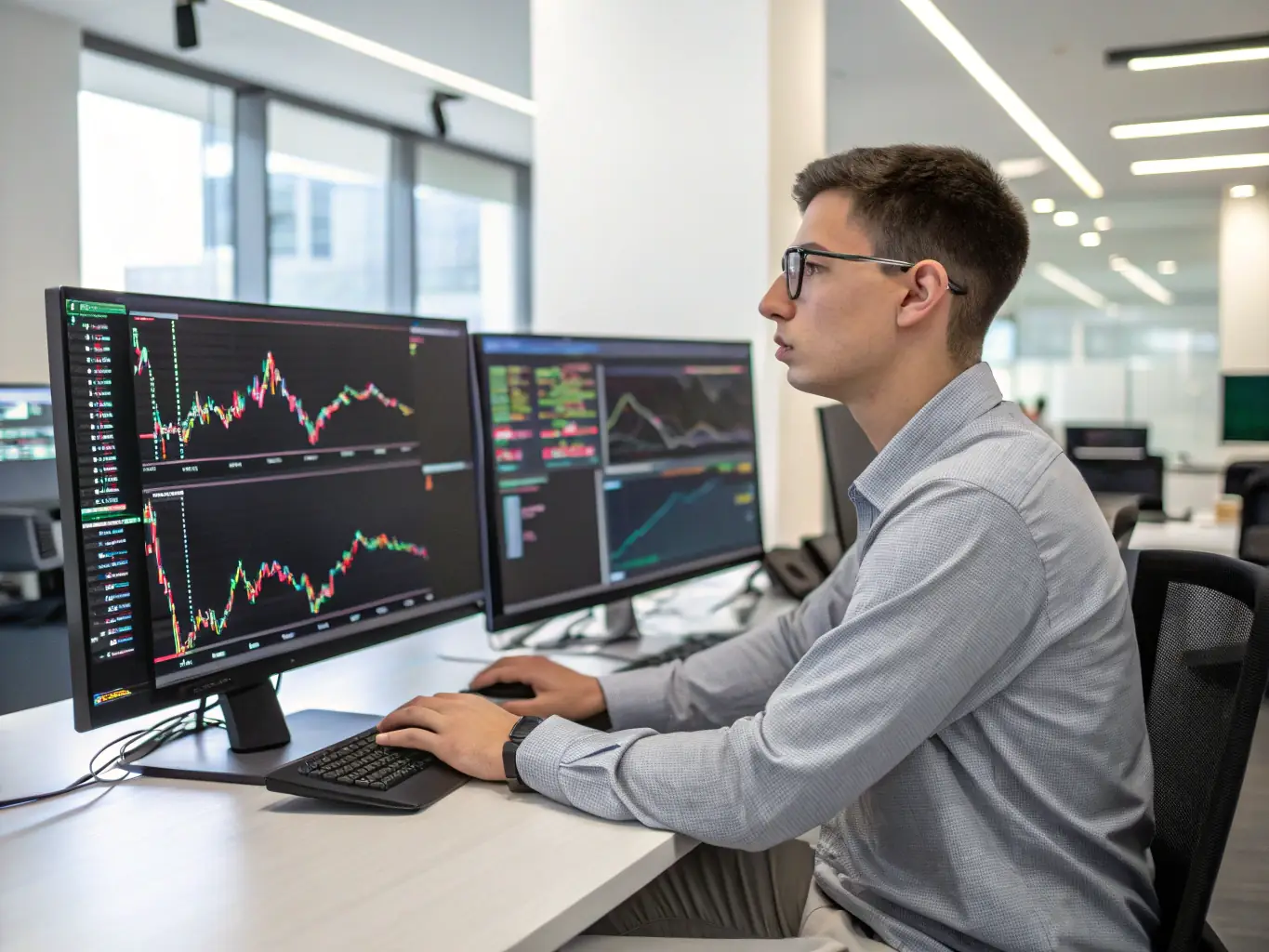 A financial analyst using AI-powered tools to analyze market trends and manage investments, representing the application of AI in finance.