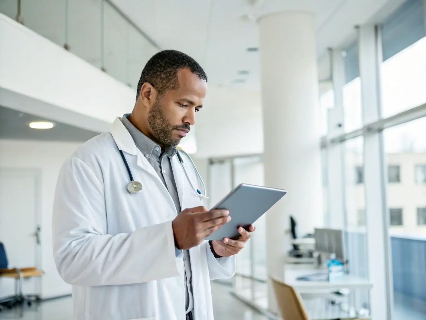 A doctor using AI-powered diagnostic tools to analyze medical images, representing the use of AI in healthcare.