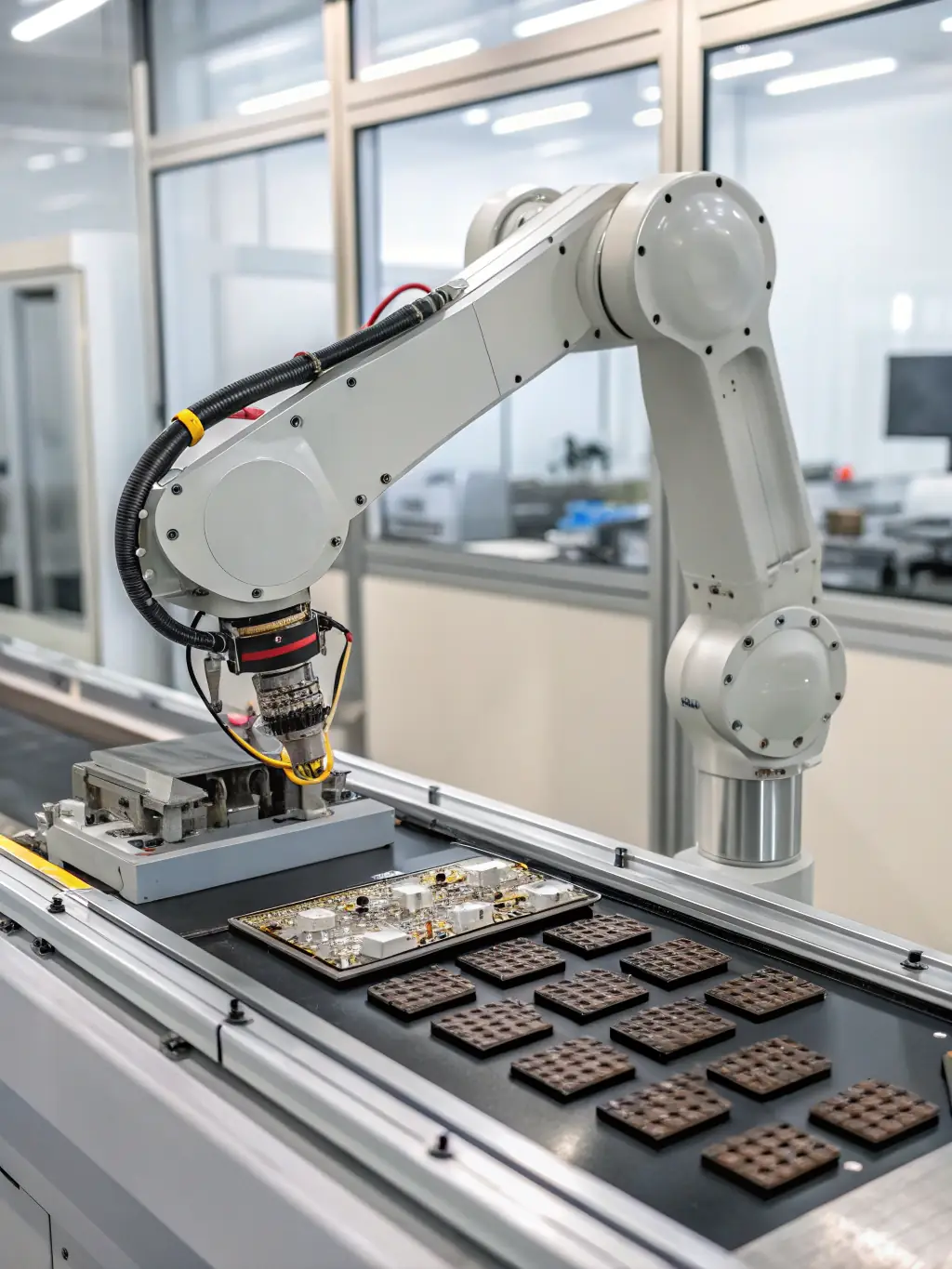 A manufacturing plant with robotic arms assembling products, highlighting the use of AI in optimizing production processes and quality control.