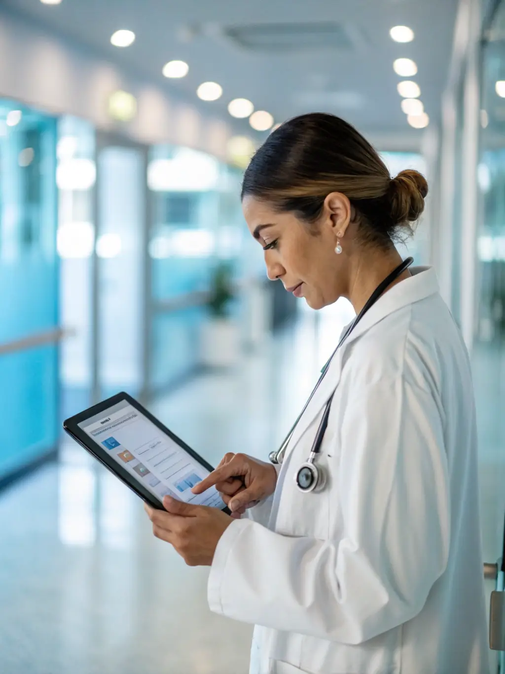 A professional using a tablet in a modern healthcare setting, with AI-powered diagnostic tools displayed on the screen, showcasing APX AI's impact on healthcare.
