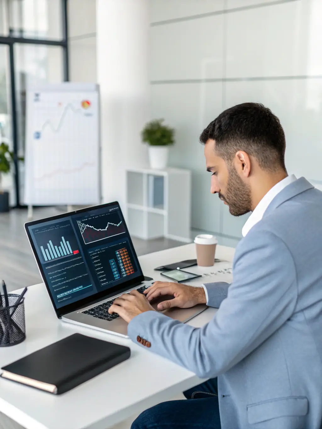 A financial analyst reviewing market data on multiple screens, with AI algorithms providing insights and predictions for investment strategies.