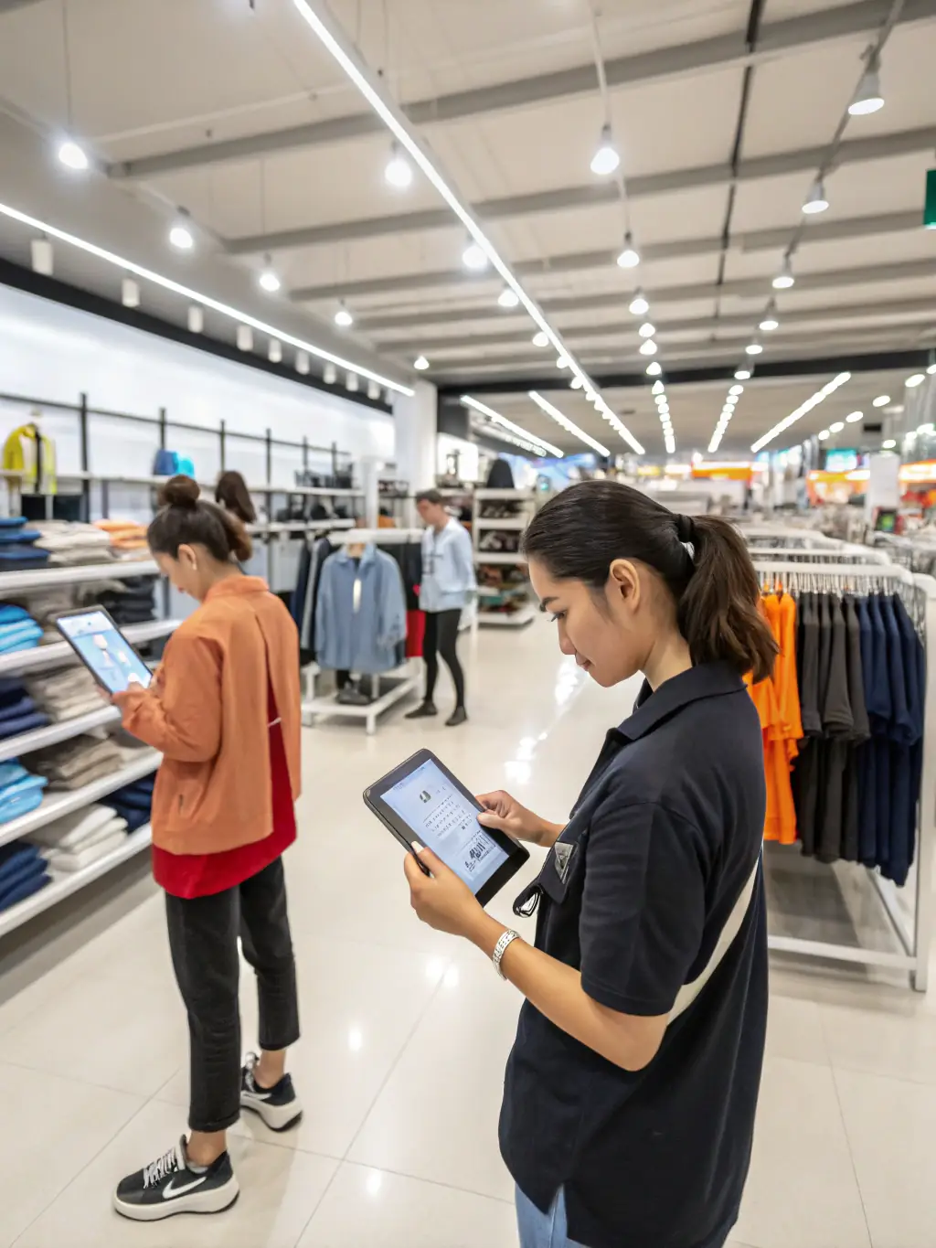A retail store with smart shelves and customer analytics dashboards, demonstrating how AI enhances customer experience and optimizes inventory management.